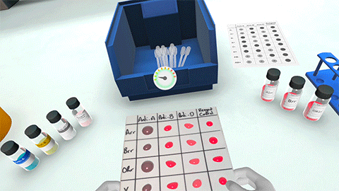 A gif showing part of the NHSBT Blood Identification app. The learner gently moves a tile with blood samples to mix them with testing chemicals.