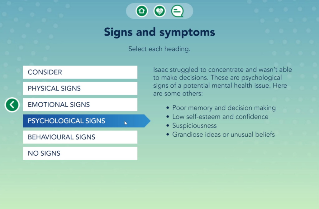 A screenshot showing some of the signs and symptoms of someone experiencing a mental health issue.'