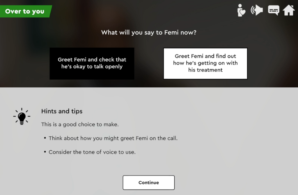 A screenshot guiding a learner on what to say to Femi.'