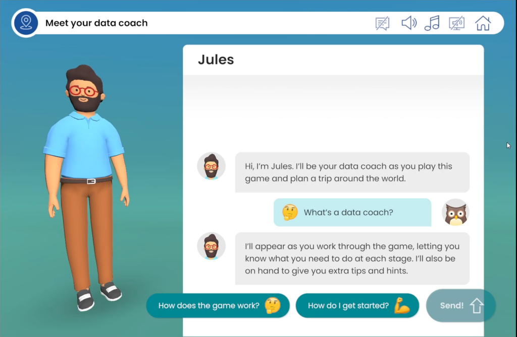 A screenshot from the Immersive Data game, introducing Jules, the data coach who guides learners throughout the experience.