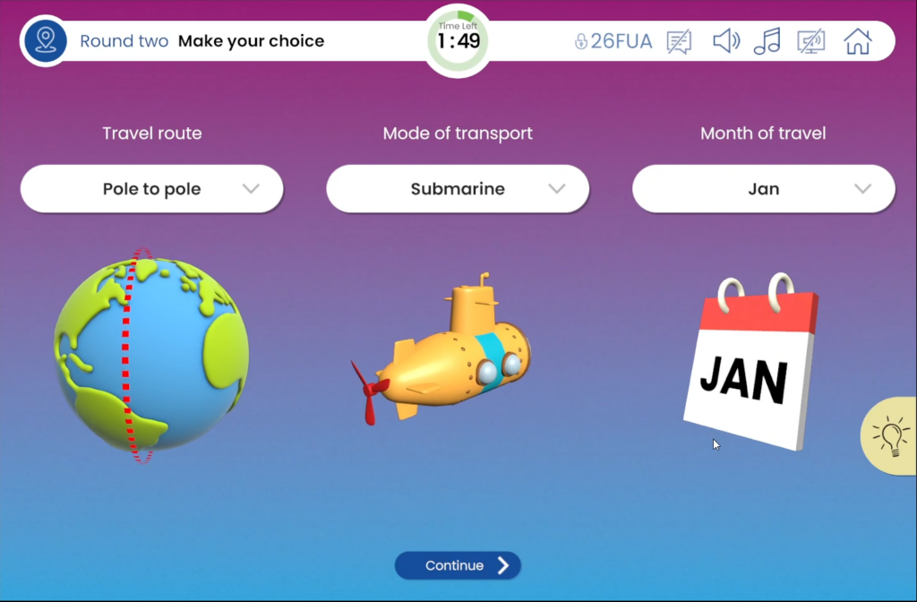 Screenshot showing choices the team made about what route, what transport, and when to travel.