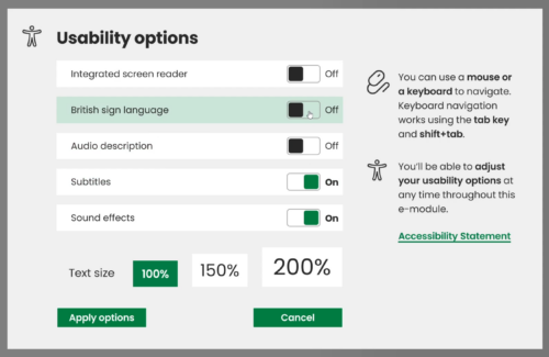 A screenshot showing an app with configurable accessibility options such as British Sign Language and audio description.