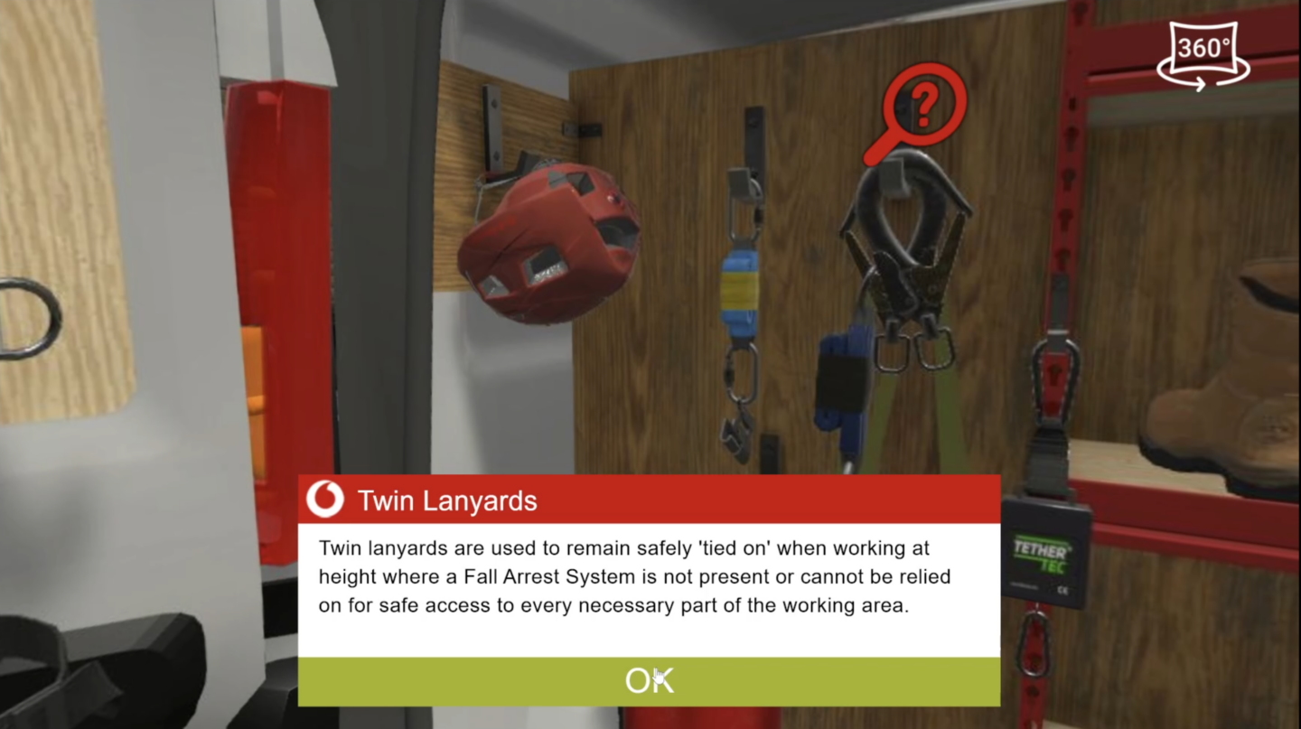 A screenshot from the desktop version of Vodafone Working at Height. It shows a learner interacting with a dialogue box.